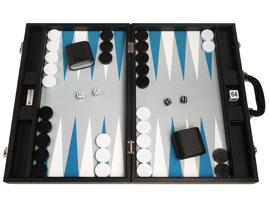 19-inch Premium Backgammon Set - Black Board with White and Astral Blue Points - American-Wholesaler Inc.