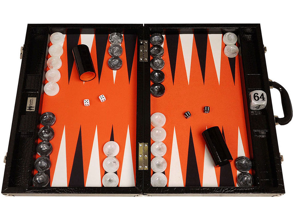 21" Tournament Backgammon Set, Wycliffe Brothers - Black Croco Case, Orange Field - Gen III - American-Wholesaler Inc.