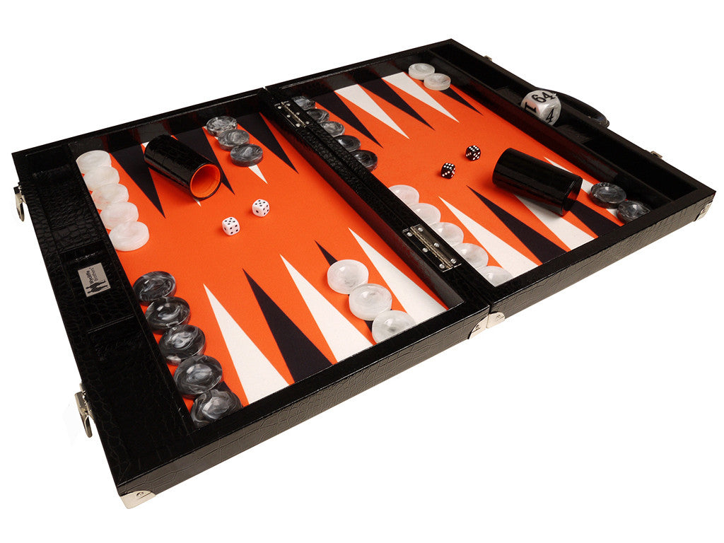 21" Tournament Backgammon Set, Wycliffe Brothers - Black Croco Case, Orange Field - Gen III - American-Wholesaler Inc.