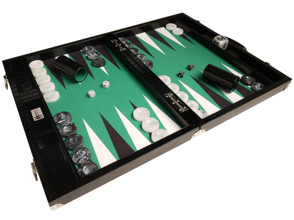 21-inch Tournament Backgammon Set, Wycliffe Brothers - Black Croco Board with Green Field - Gen III - EUR - American-Wholesaler Inc.