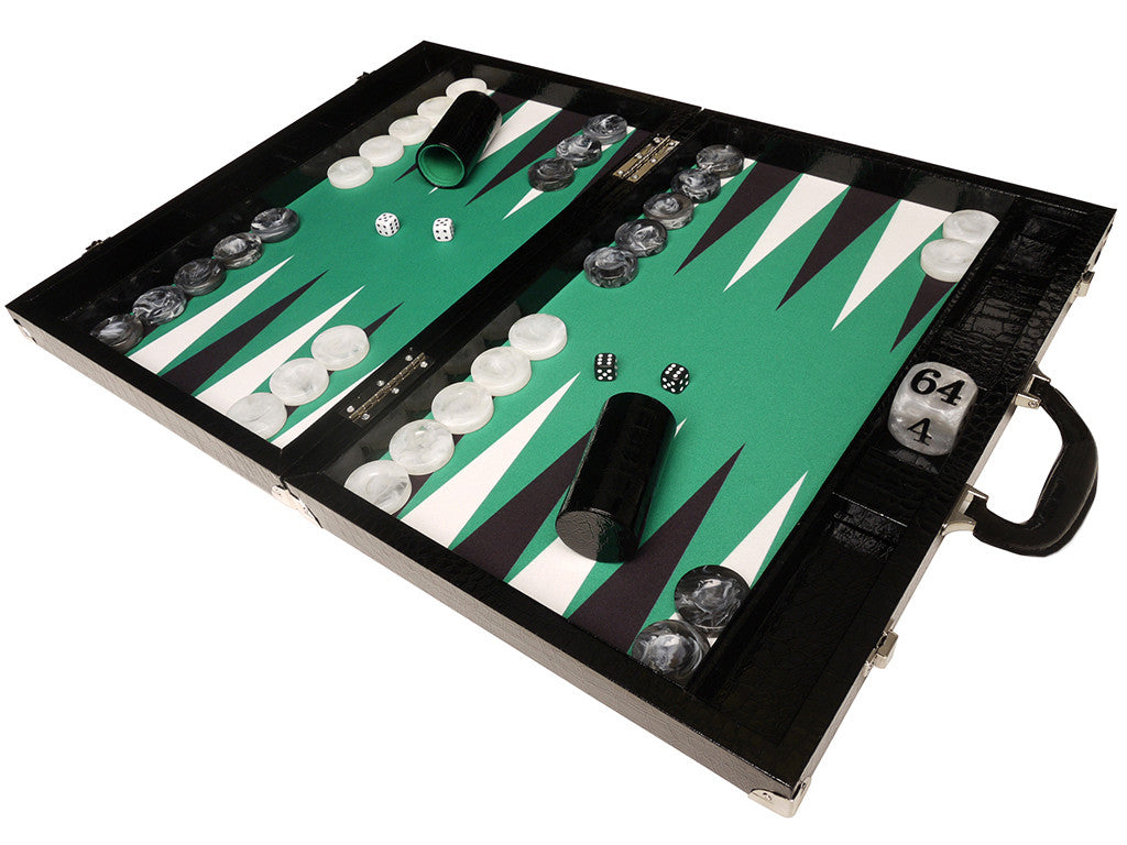 21-inch Tournament Backgammon Set, Wycliffe Brothers - Black Croco Board with Green Field - Gen III - EUR - American-Wholesaler Inc.