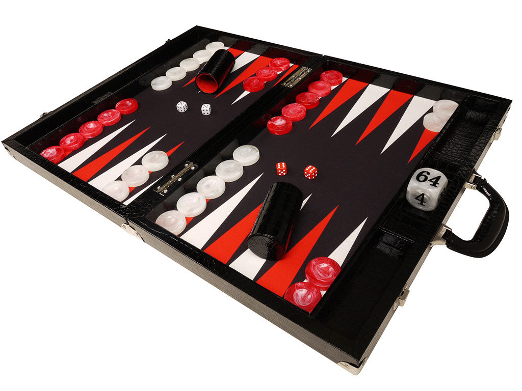 21" Tournament Backgammon Set, Wycliffe Brothers - Black Croco Case, Black Field - Gen III - American-Wholesaler Inc.