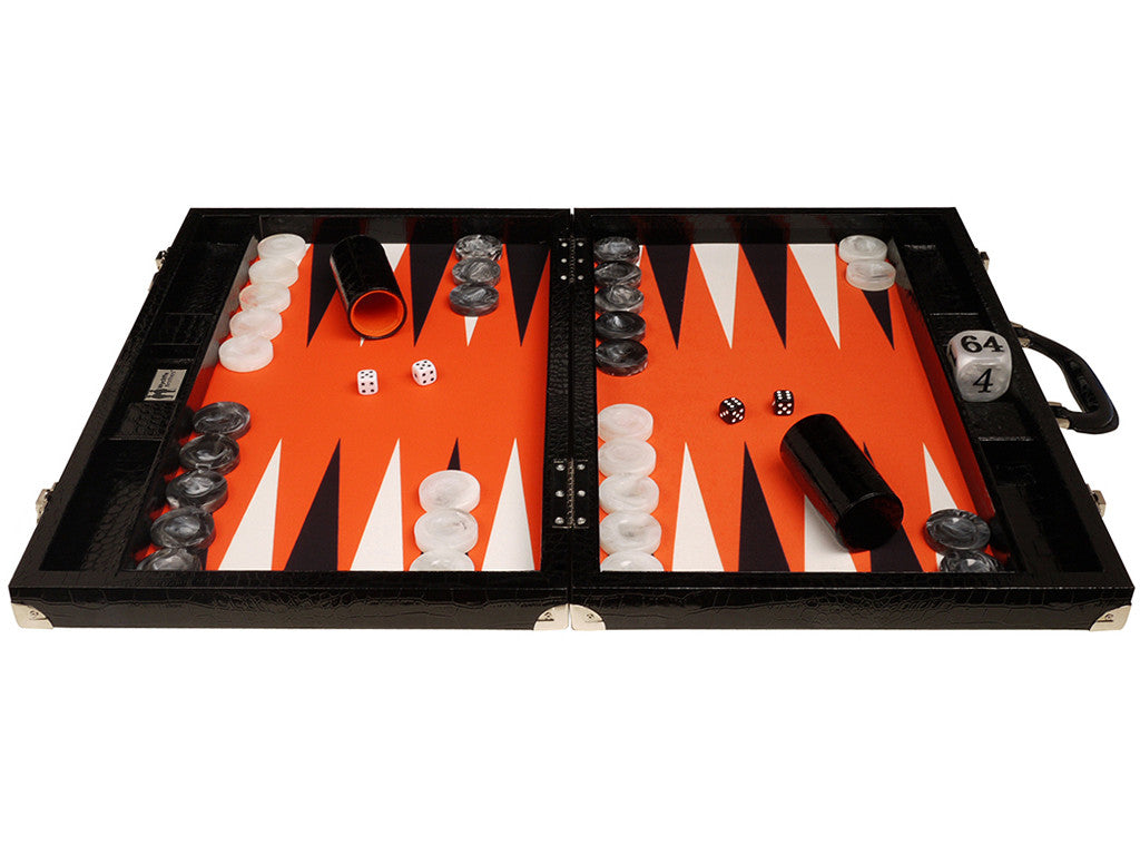 21-inch Tournament Backgammon Set, Wycliffe Brothers - Black Croco Board with Orange Field - Gen III - EUR - American-Wholesaler Inc.