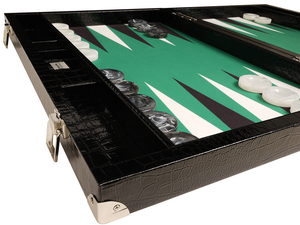 21-inch Tournament Backgammon Set, Wycliffe Brothers - Black Croco Board with Green Field - Gen III - EUR - American-Wholesaler Inc.