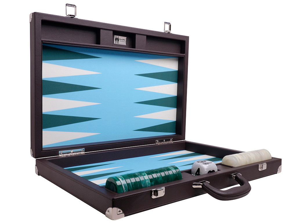 21" Professional Tournament Backgammon Set, Wycliffe Brothers - Brown Case, Light Blue Field - Masters Edition - American-Wholesaler Inc.