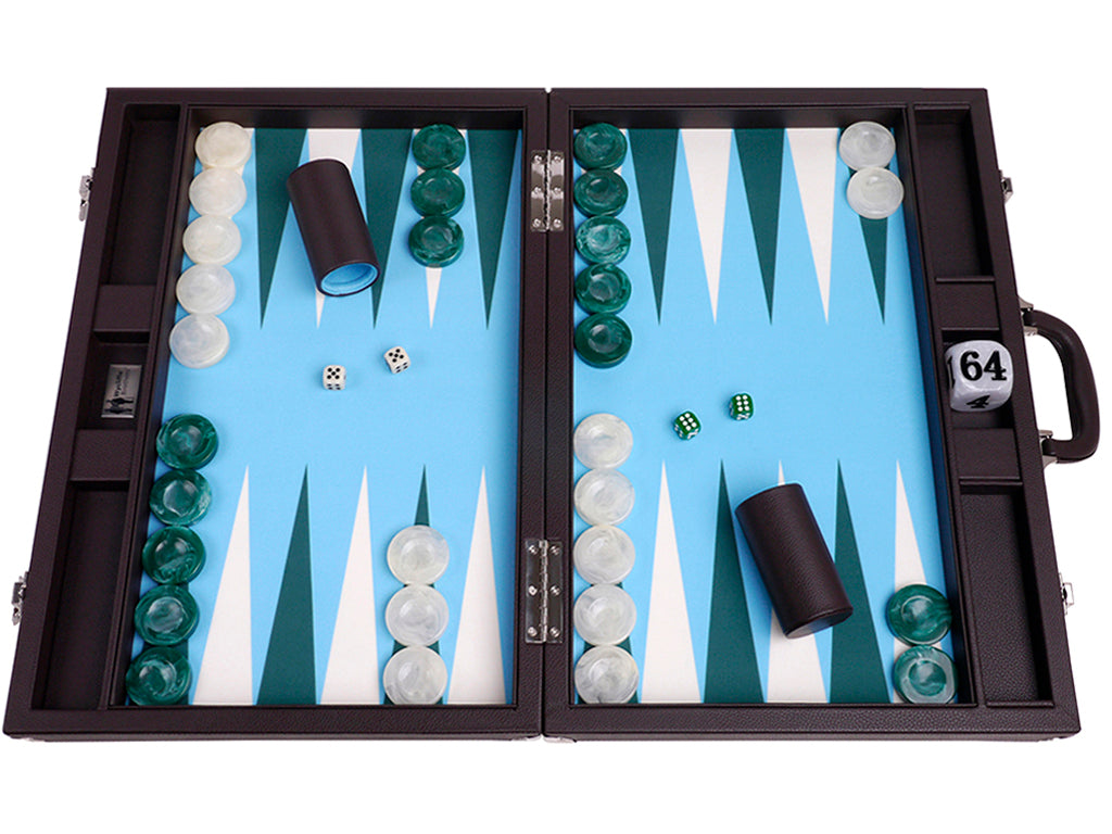 21" Professional Tournament Backgammon Set, Wycliffe Brothers - Brown Case, Light Blue Field - Masters Edition - American-Wholesaler Inc.