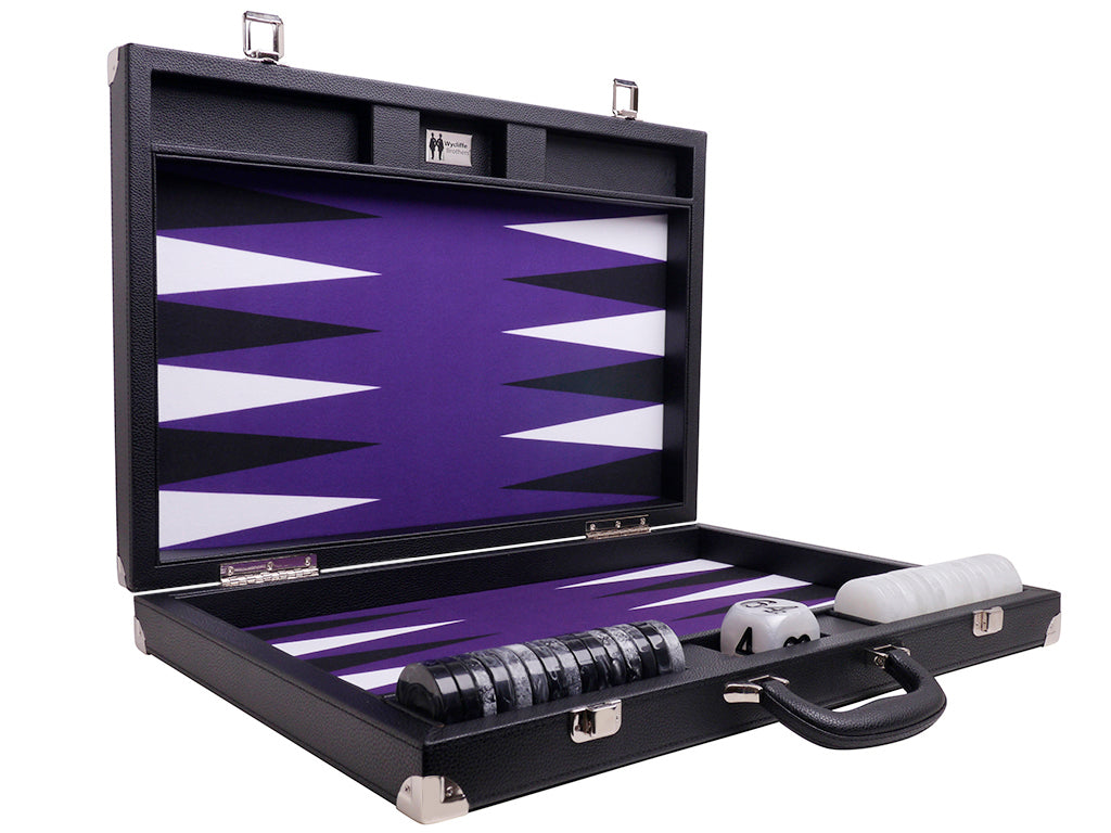 21" Professional Tournament Backgammon Set, Wycliffe Brothers - Black Case, Purple Field - Masters Edition - American-Wholesaler Inc.