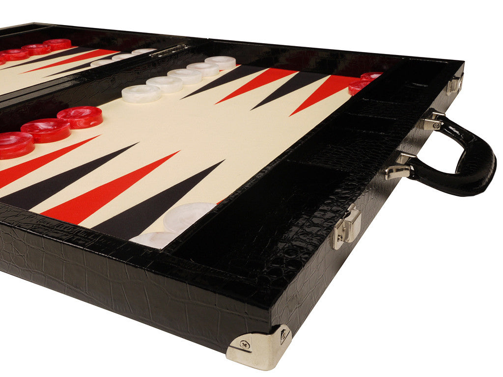 21" Tournament Backgammon Set, Wycliffe Brothers - Black Croco Case, Cream Field - Gen III - American-Wholesaler Inc.