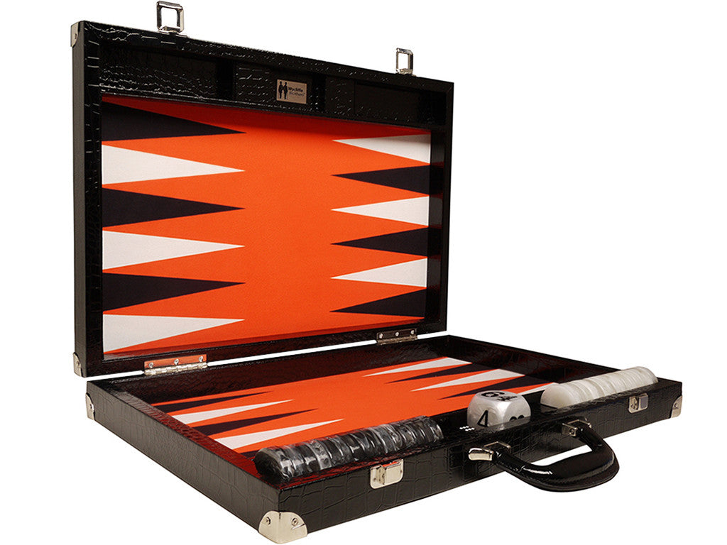 21-inch Tournament Backgammon Set, Wycliffe Brothers - Black Croco Board with Orange Field - Gen III - EUR - American-Wholesaler Inc.