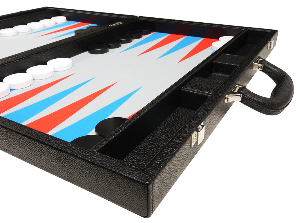 19-inch Premium Backgammon Set - Black Board with Scarlet Red and Patriot Blue Points - EUR - American-Wholesaler Inc.