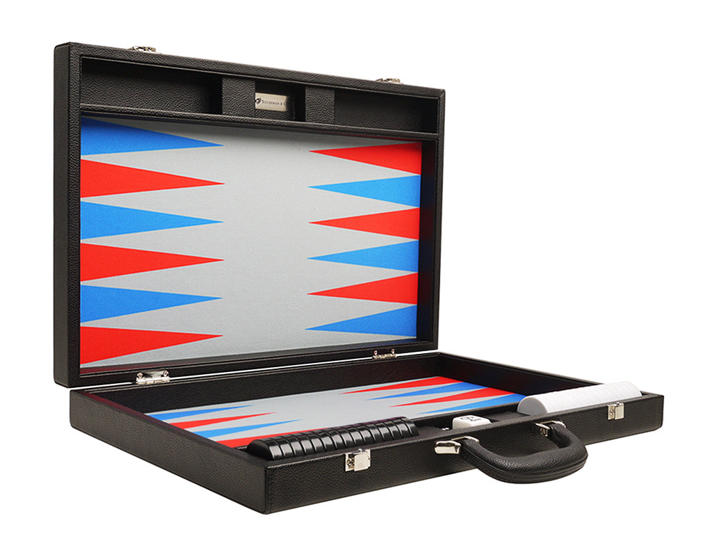 19-inch Premium Backgammon Set - Black Board with Scarlet Red and Patriot Blue Points - EUR - American-Wholesaler Inc.
