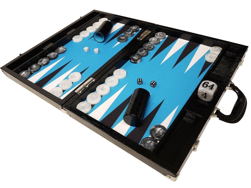 21" Tournament Backgammon Set, Wycliffe Brothers - Black Croco Case, Blue Field - Gen III - American-Wholesaler Inc.