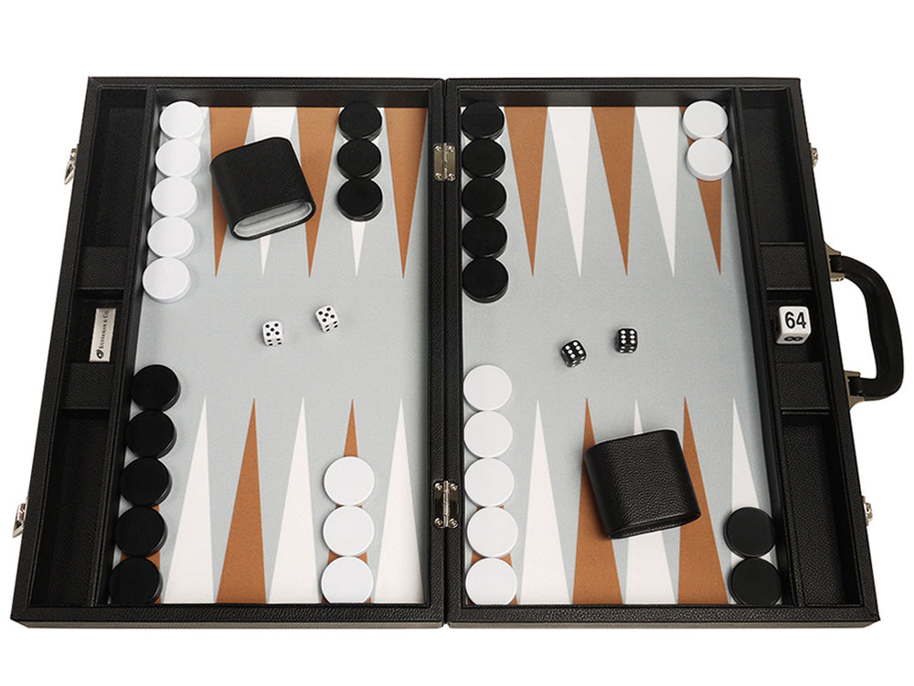 19-inch Premium Backgammon Set - Black Board with White and Rum Points - EUR - American-Wholesaler Inc.
