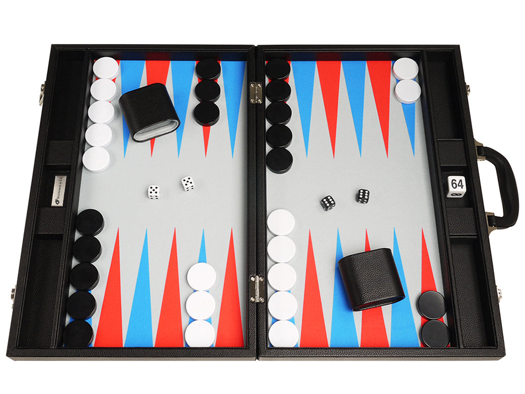 19-inch Premium Backgammon Set - Black Board with Scarlet Red and Patriot Blue Points - American-Wholesaler Inc.