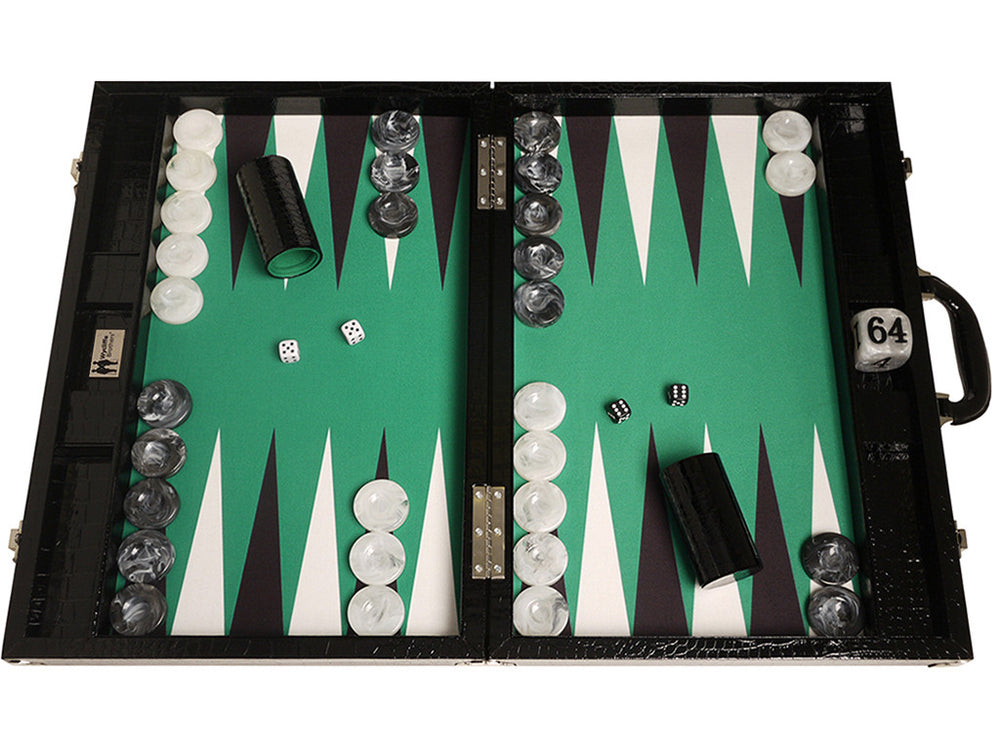 21-inch Tournament Backgammon Set, Wycliffe Brothers - Black Croco Board with Green Field - Gen III - GBP - American-Wholesaler Inc.
