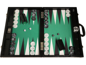 21-inch Tournament Backgammon Set, Wycliffe Brothers - Black Croco Board with Green Field - Gen III - EUR