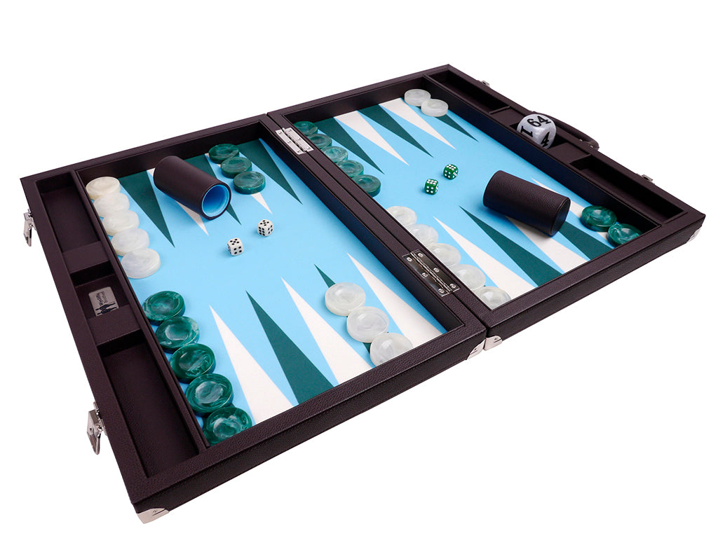 21" Professional Tournament Backgammon Set, Wycliffe Brothers - Brown Case, Light Blue Field - Masters Edition - American-Wholesaler Inc.