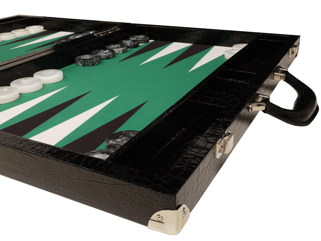 21-inch Tournament Backgammon Set, Wycliffe Brothers - Black Croco Board with Green Field - Gen III - GBP - American-Wholesaler Inc.