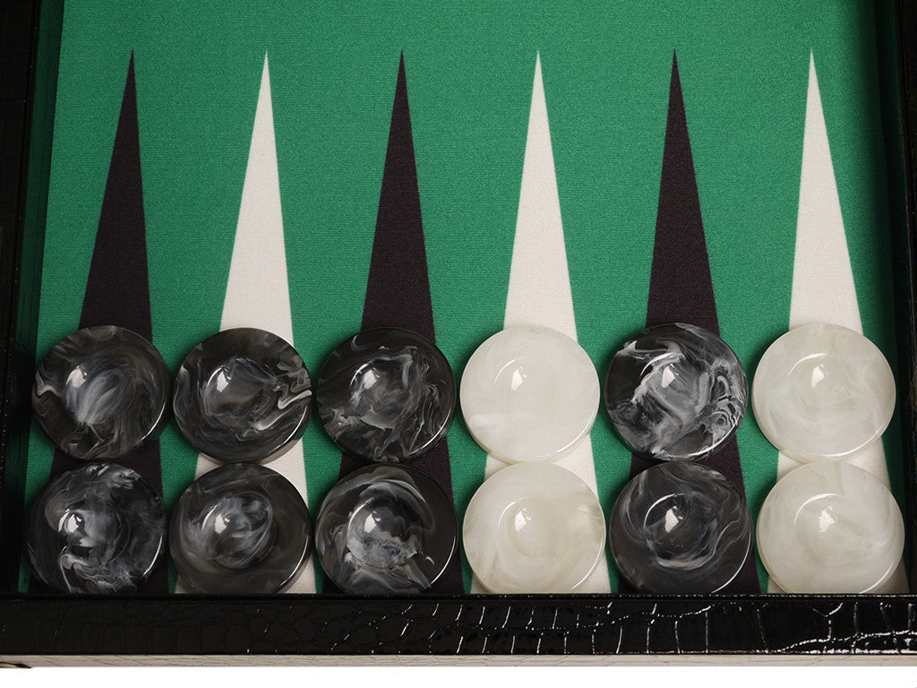 21" Tournament Backgammon Set, Wycliffe Brothers - Black Croco Case, Green Field - Gen III - American-Wholesaler Inc.