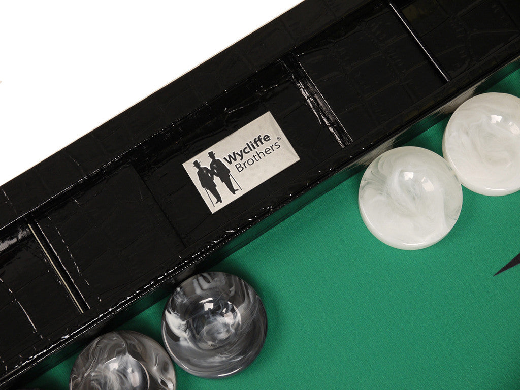 21-inch Tournament Backgammon Set, Wycliffe Brothers - Black Croco Board with Green Field - Gen III - EUR - American-Wholesaler Inc.