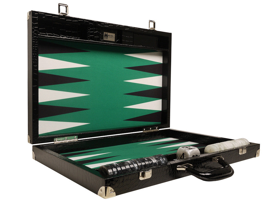 21-inch Tournament Backgammon Set, Wycliffe Brothers - Black Croco Board with Green Field - Gen III - EUR - American-Wholesaler Inc.