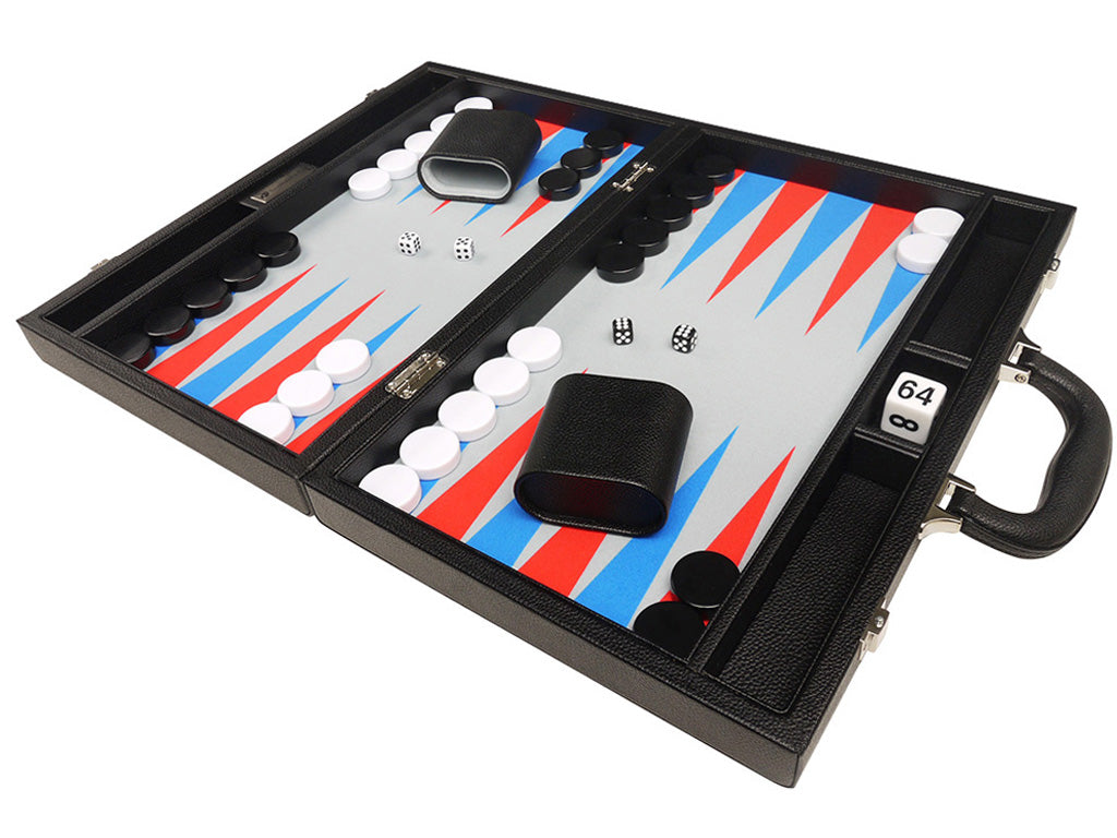 16-inch Premium Backgammon Set - Black with Scarlet Red and Patriot Blue Points - EUR - American-Wholesaler Inc.