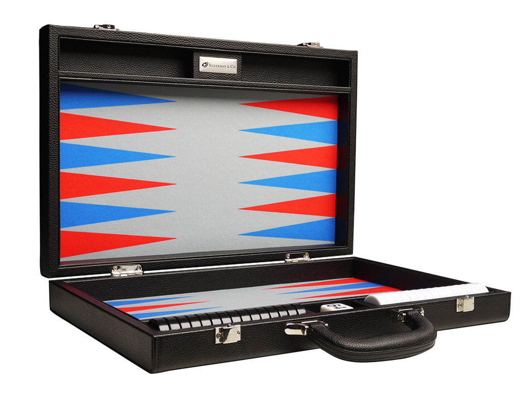 16-inch Premium Backgammon Set - Black with Scarlet Red and Patriot Blue Points - EUR - American-Wholesaler Inc.