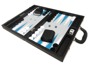 16-inch Premium Backgammon Set - Black with White and Astral Blue Points