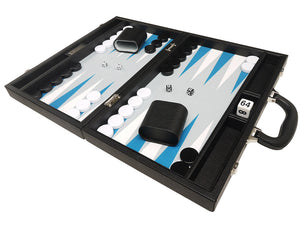16-inch Premium Backgammon Set - Black with White and Astral Blue Points - EUR