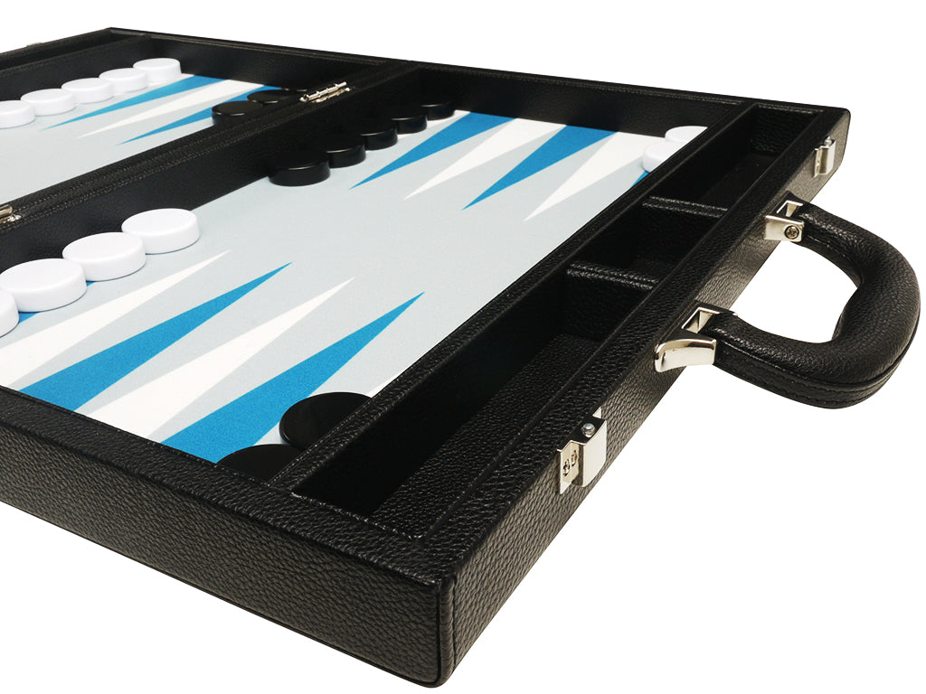 16-inch Premium Backgammon Set - Black with White and Astral Blue Points - GBP - American-Wholesaler Inc.