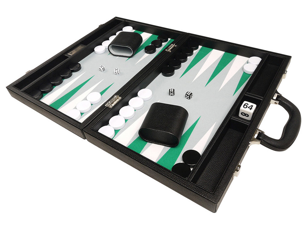 16-inch Premium Backgammon Set - Black with White and Green Points - GBP - American-Wholesaler Inc.