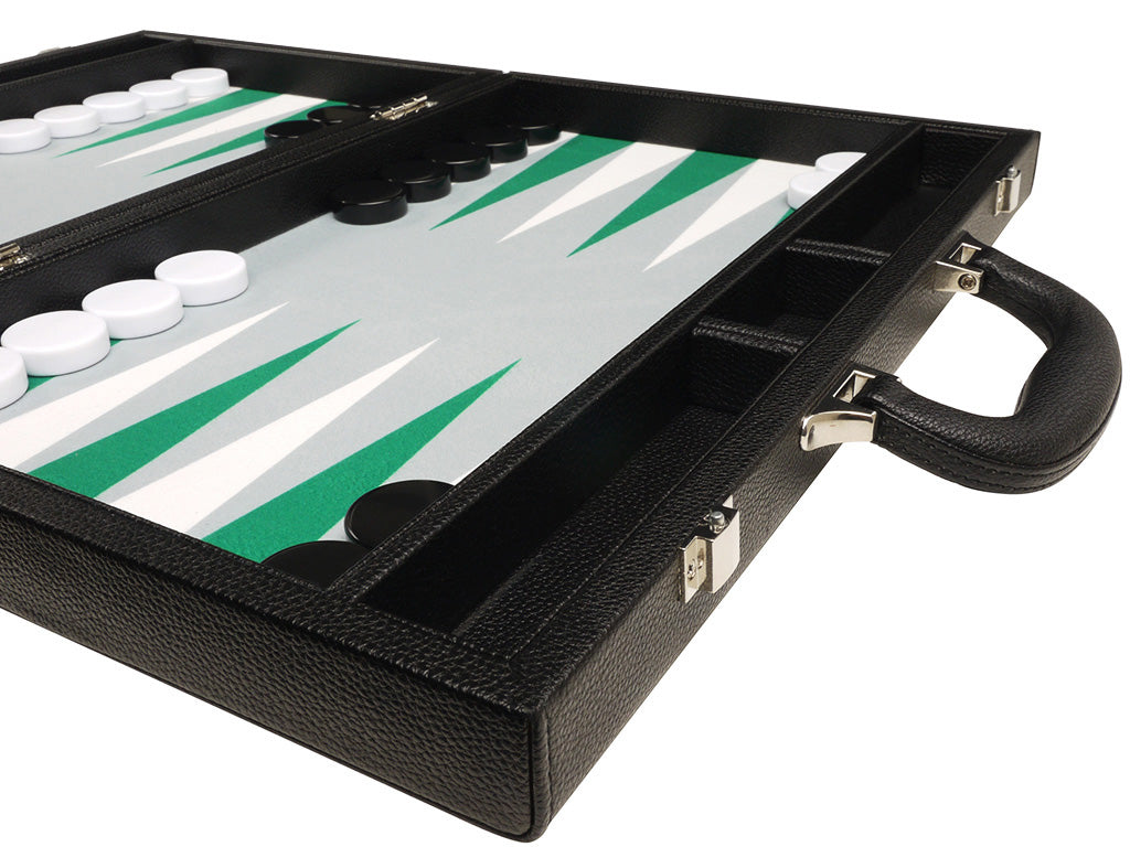 16-inch Premium Backgammon Set - Black with White and Green Points - EUR - American-Wholesaler Inc.