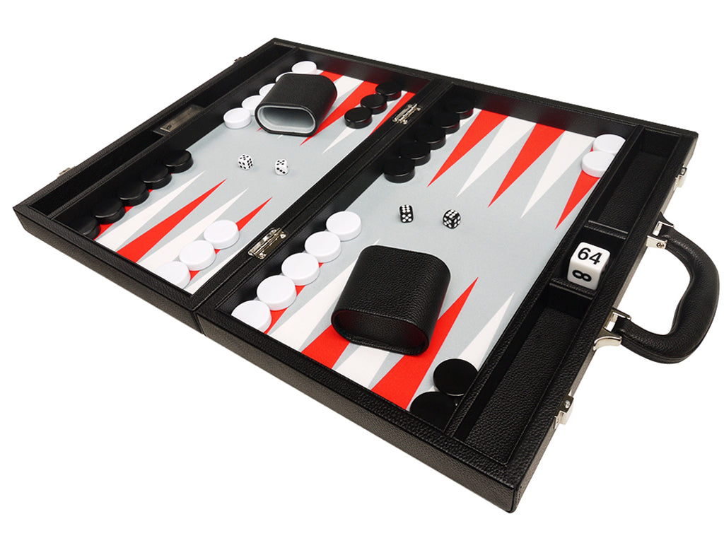 16-inch Premium Backgammon Set - Black with White and Scarlet Red Points - EUR - American-Wholesaler Inc.
