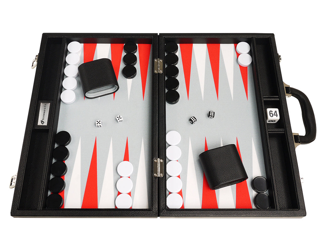 16-inch Premium Backgammon Set - Black with White and Scarlet Red Points - EUR - American-Wholesaler Inc.