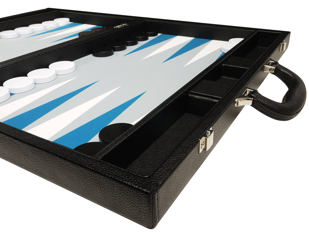 19-inch Premium Backgammon Set - Black Board with White and Astral Blue Points - EUR - American-Wholesaler Inc.