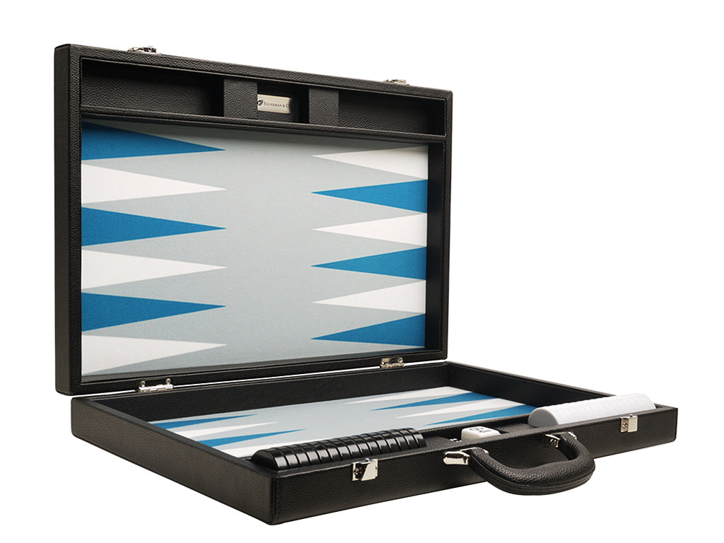 19-inch Premium Backgammon Set - Black Board with White and Astral Blue Points - EUR - American-Wholesaler Inc.