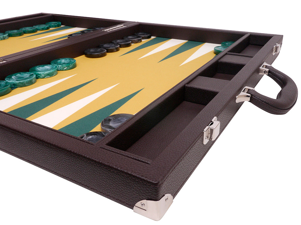 21" Professional Tournament Backgammon Set, Wycliffe Brothers - Brown Case, Mustard Field - Masters Edition - American-Wholesaler Inc.