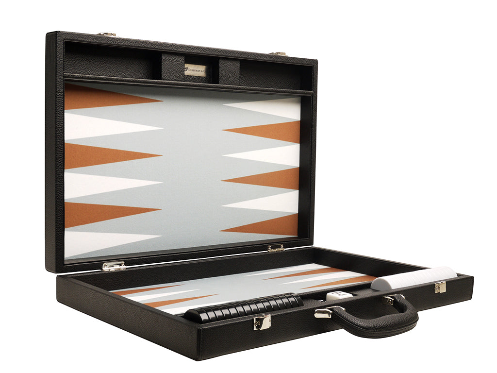 19-inch Premium Backgammon Set - Black Board with White and Rum Points - GBP - American-Wholesaler Inc.