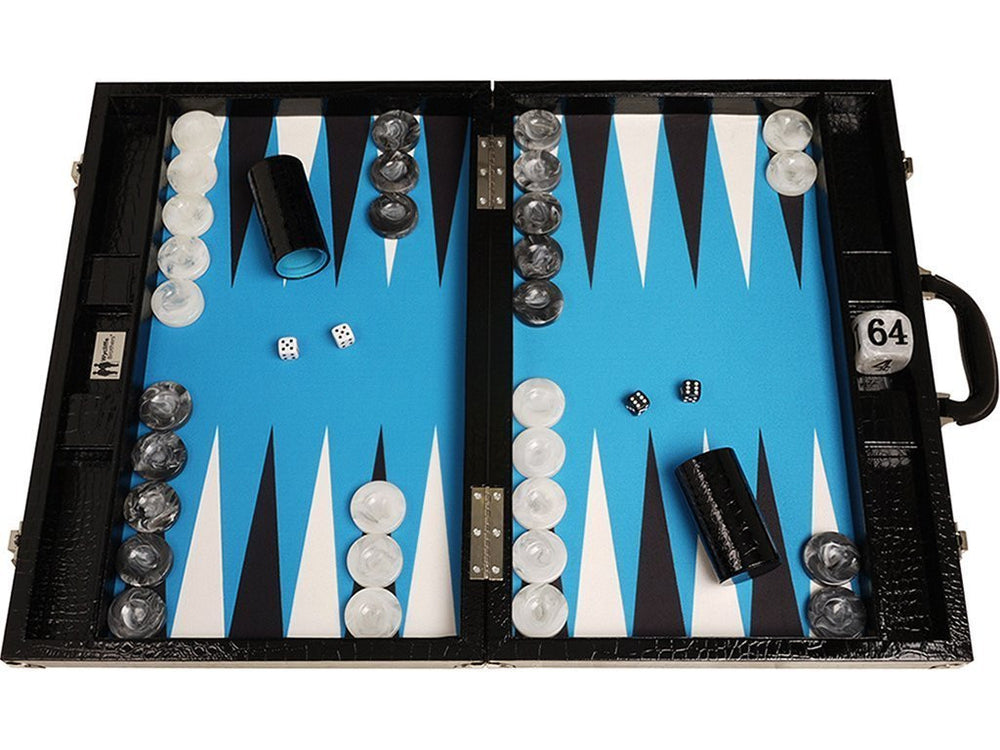 21-inch Tournament Backgammon Set, Wycliffe Brothers - Black Croco with Blue Field - Gen III - EUR - American-Wholesaler Inc.